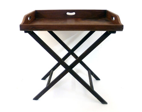 A 19th century mahogany butler's tray with a gallery on a folding stand, w71 x h79cm CONDITION