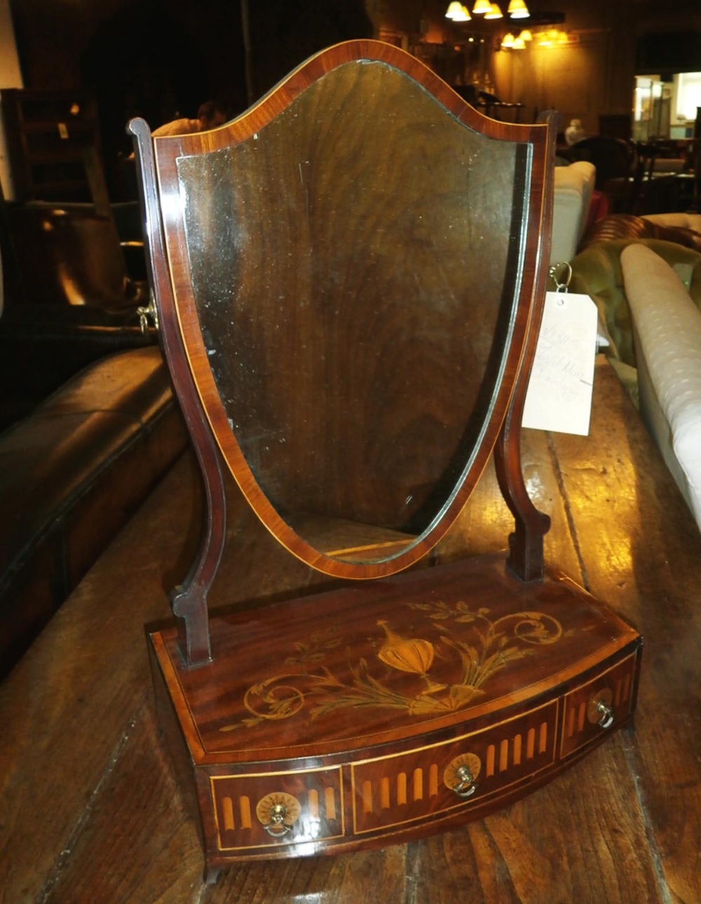 TOILET MIRROR, 19th century mahogany and marquetry bowed outline with three drawers, 59cm H x 40cm x