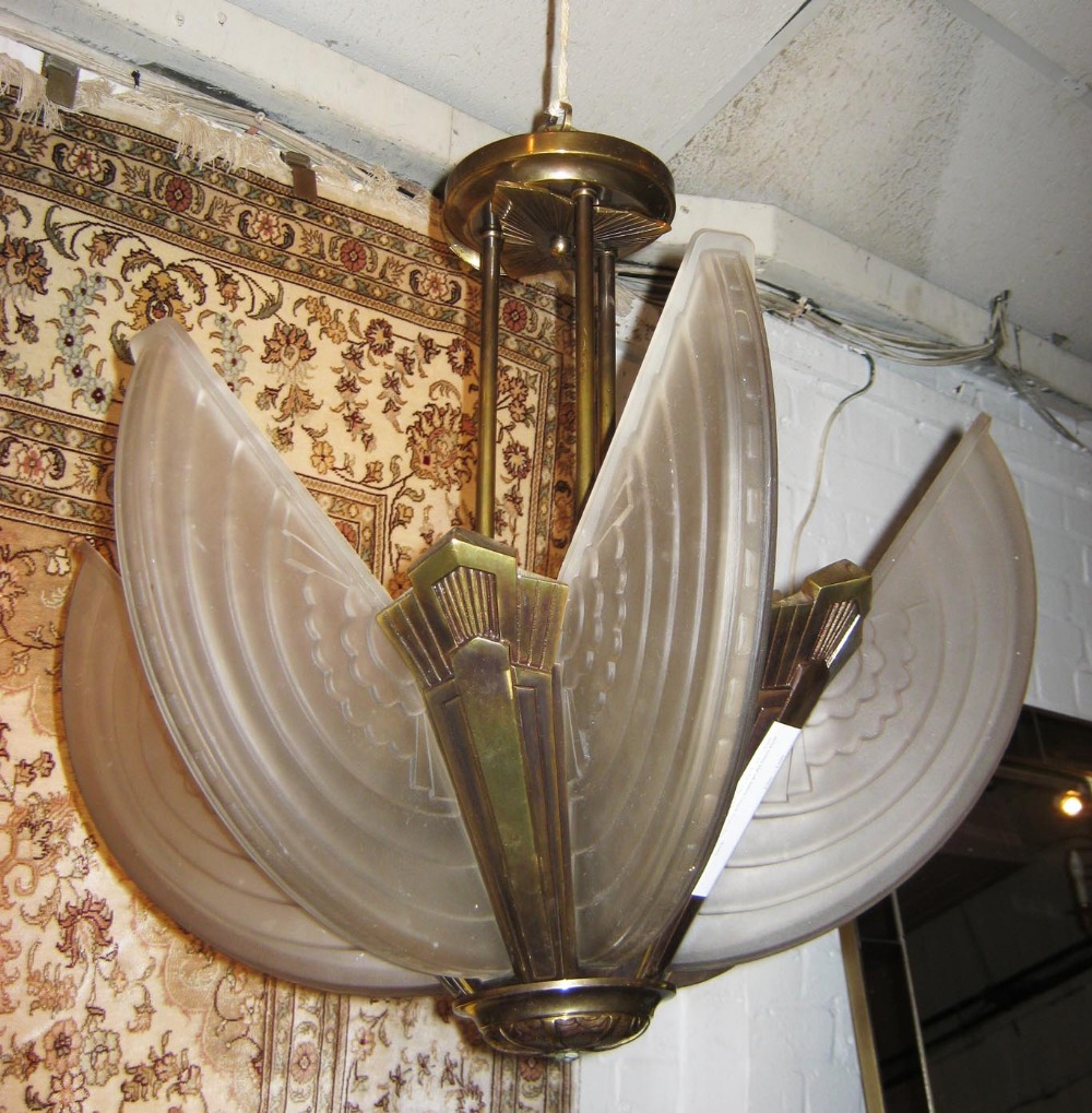 LALIQUE STYLE CEILING LIGHT, six frosted shade segments within brass an Art Deco style frame.