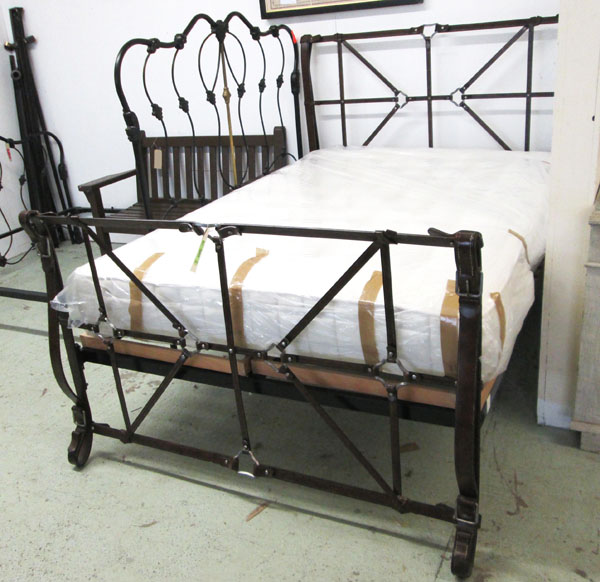 DOUBLE BED, 5ft, with metal head and base board in a leather strap work design, with John Lewis