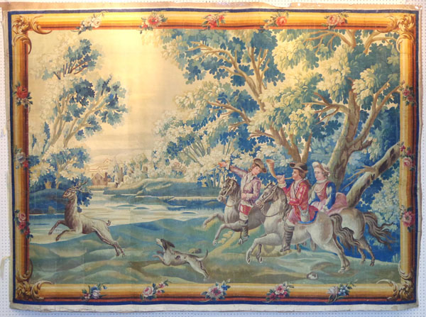 18TH CENTURY SCHOOL TAPESTRY CARTOON, 'Hunting scene', watercolour, 180cm x 245cm.