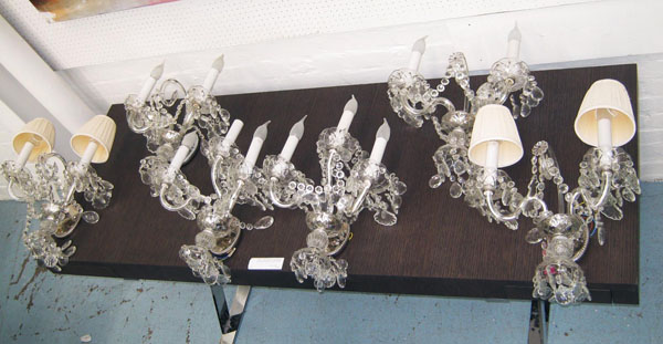 WALL SCONCES, a set six, cut glass adorned with various sized cut glass droplets and chrome oval