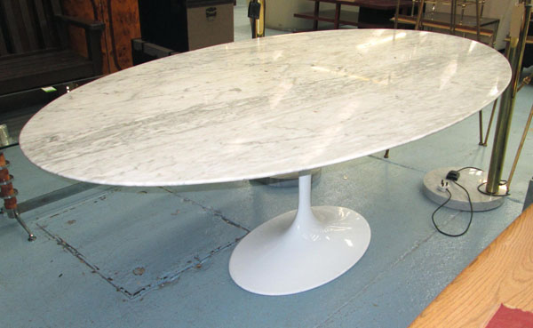 TULIP DINING TABLE, Eero Saarinen style, with faux marble top in white metal base, 200cm x 121cm x