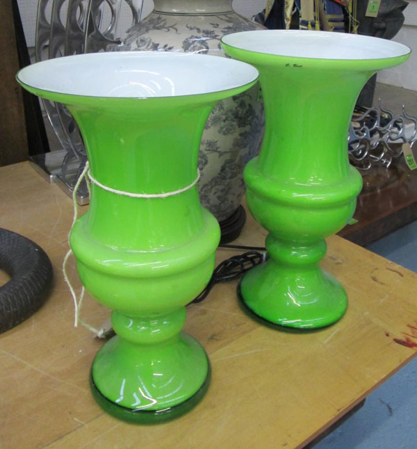 VASES, a pair, apple green glass of shaped form, 46cm H x 27cm. (2)