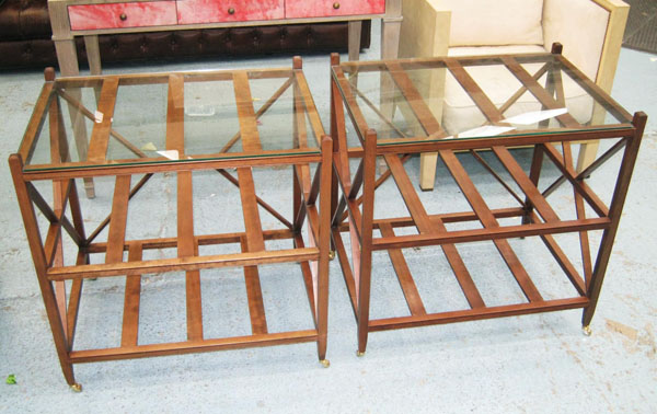 LAMP TABLES, a pair, by William Yeoward, three tier dark wood frame with glass top on small brass