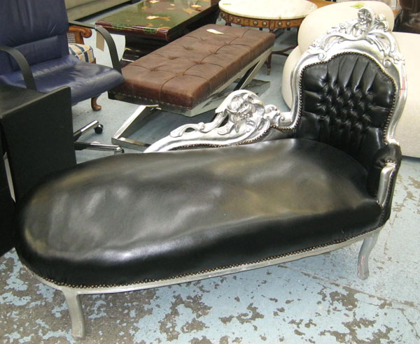 CHAISE LOUNGE, contemporary style with silver painted frame and button back black faux leather,