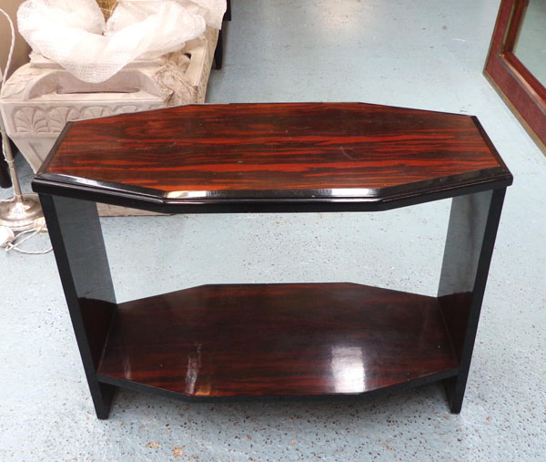 OCCASIONAL TABLE, mid 20th century coromandel and ebonised, with two lozenge shaped tiers,  77cm L x