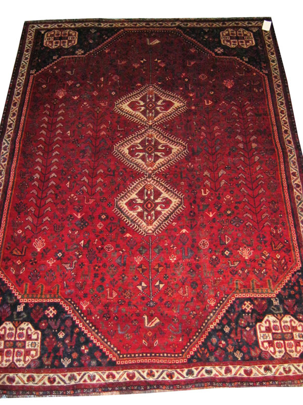 OLD QASHQAI CARPET, 310cm x 228cm, the madder field with scattered flowerheads and birds around an