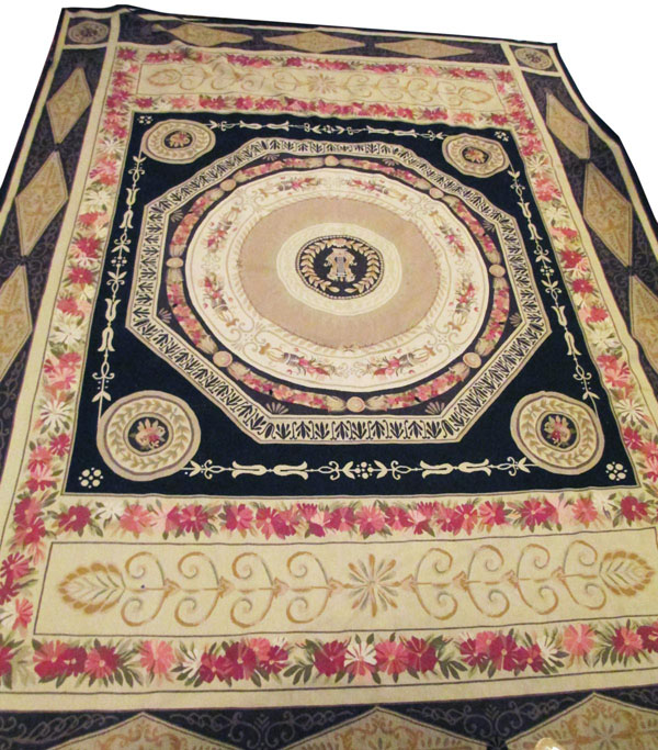 AUBUSSON STYLE CARPET, 436cm x 295cm, of classical design, centred by a 'lyre' medallion within a