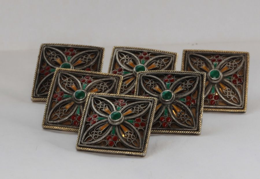 JACOB TOSTRUP - A set of six enamelled buttons each of square form, applied with red, yellow and