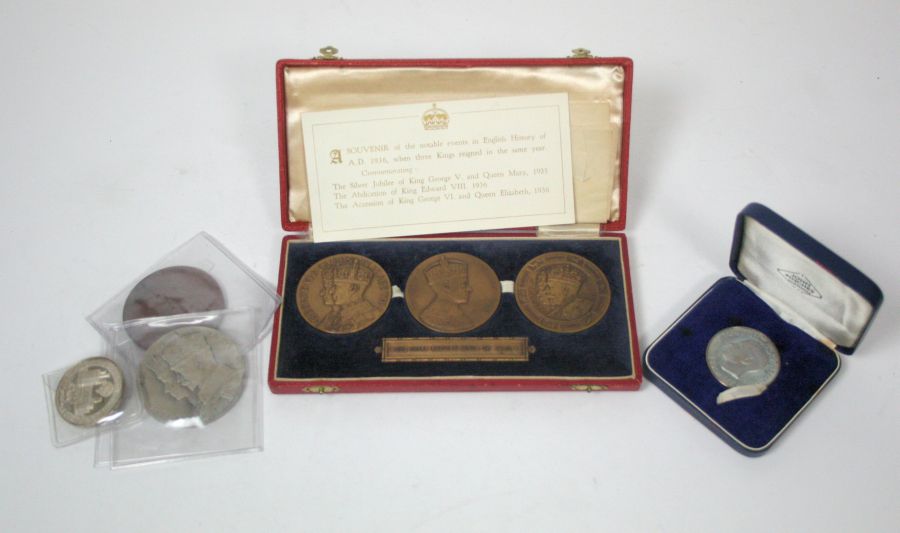 A group of Royal commemorative medallions to include a cased set of bronze `Three Kings of 1936`,