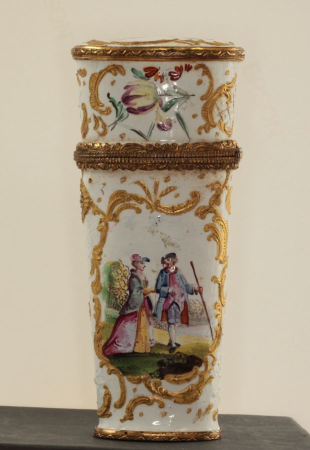 An early 19th century English enamelled etui of tapering slim cylindrical form, decorated throughout