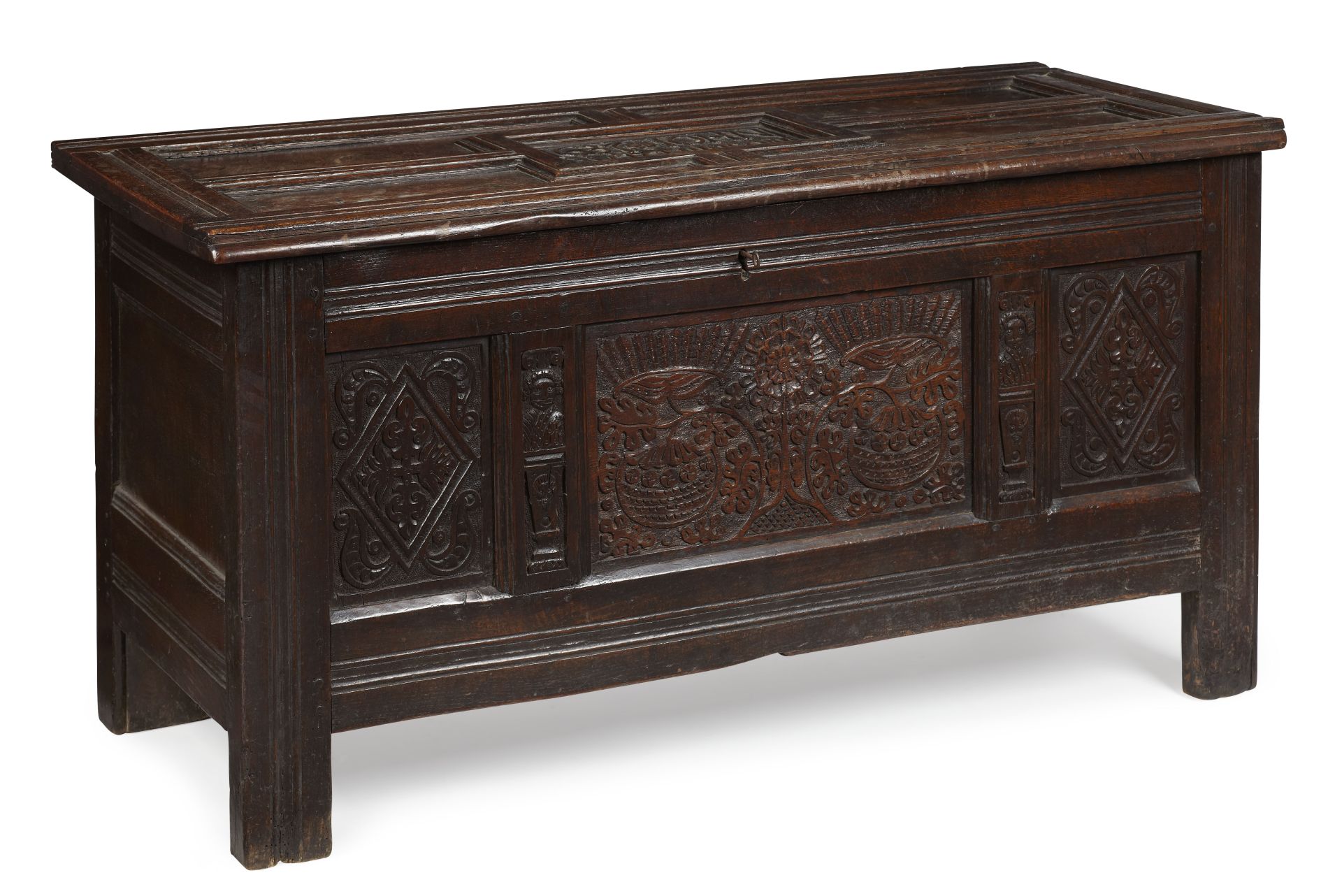 CHARLES II OAK COFFER LATE 17TH CENTURY the multi panelled lid inscribed `John Hutchinson, 1637` and