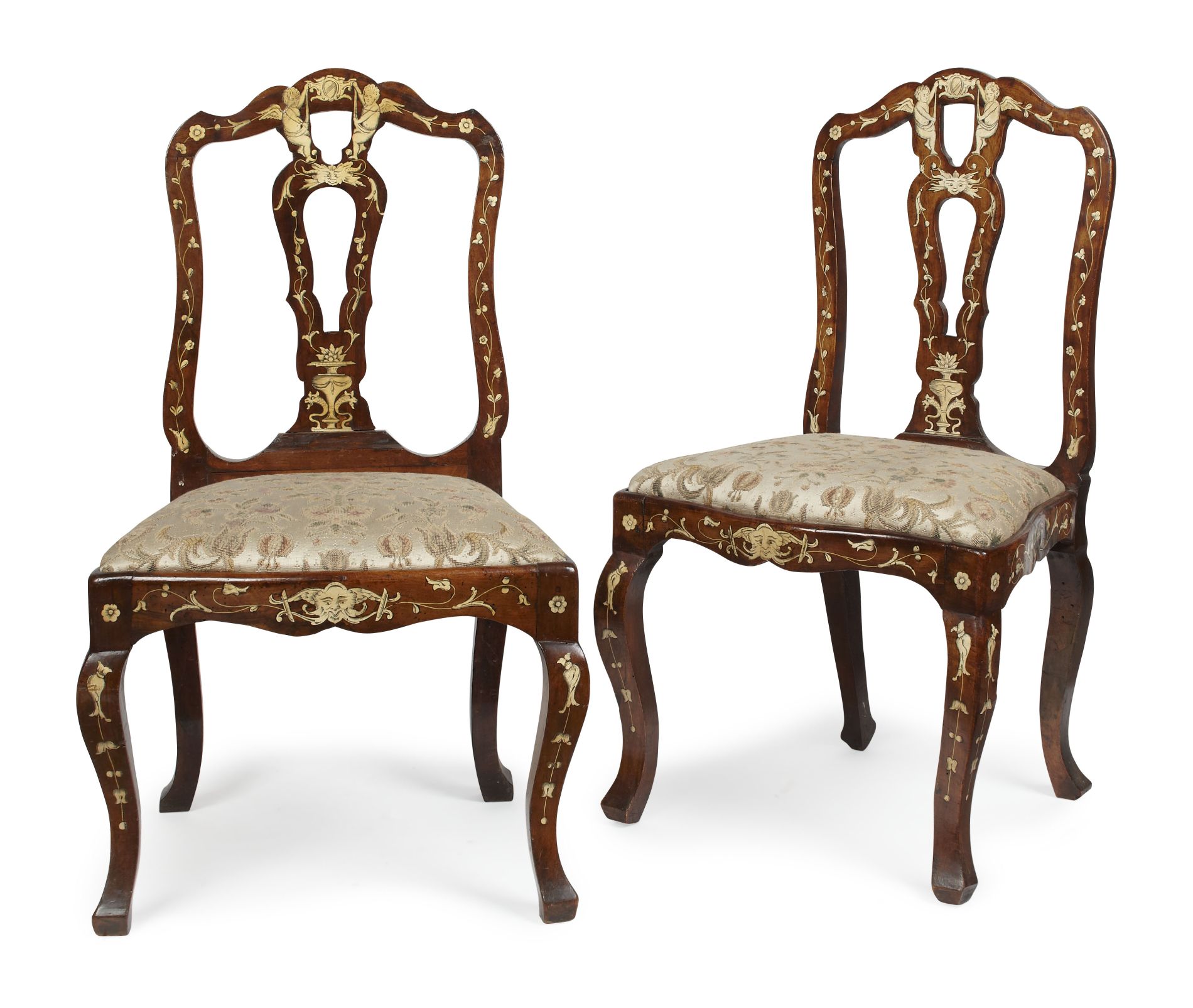 PAIR OF ITALIAN WALNUT AND BONE INLAY SIDE CHAIRS 19TH CENTURY the serpentine top rail over a