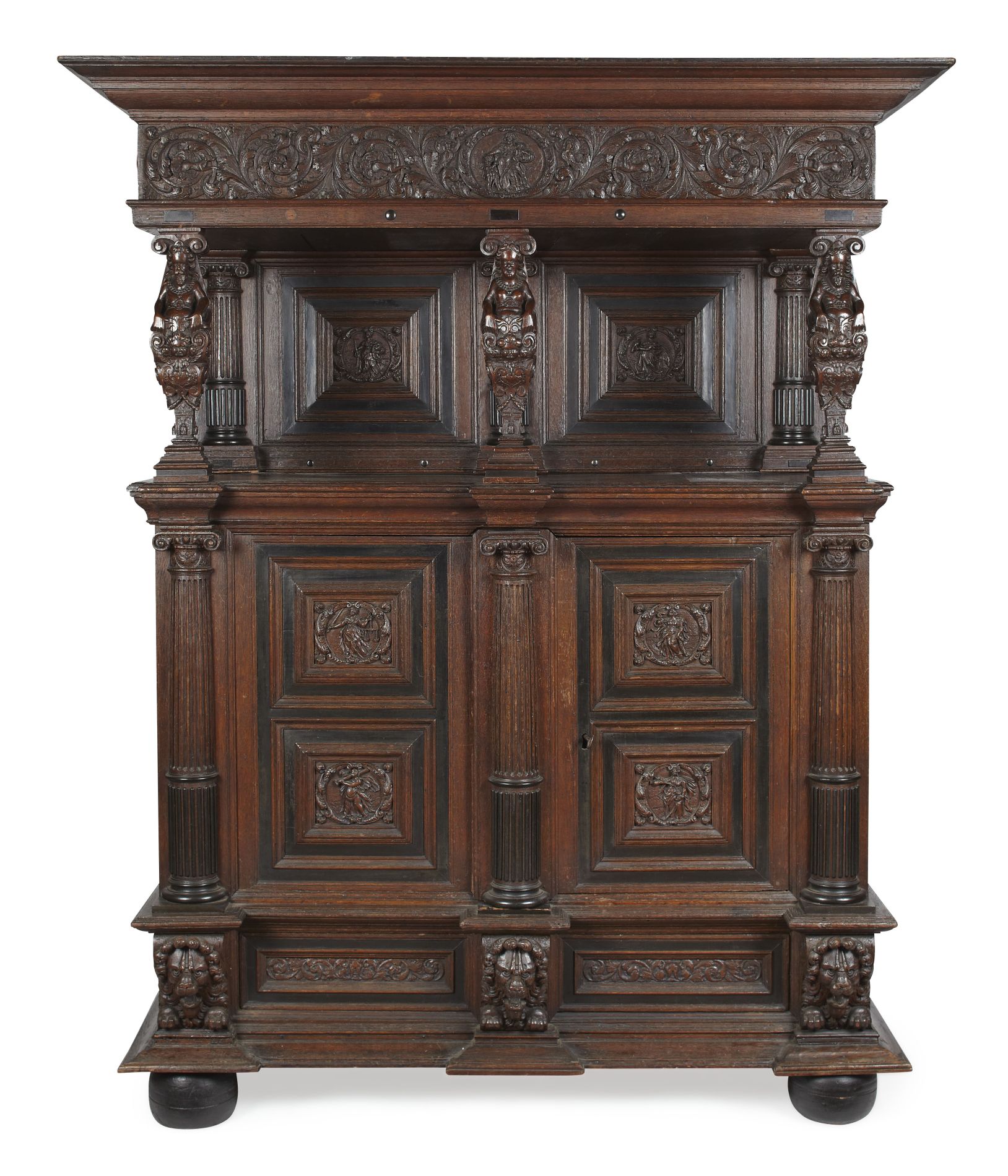 FLEMISH CARVED OAK AND EBONISED `BEELDENKAST` CUPBOARD 19TH CENTURY WITH SOME EARLIER COMPONENTS the