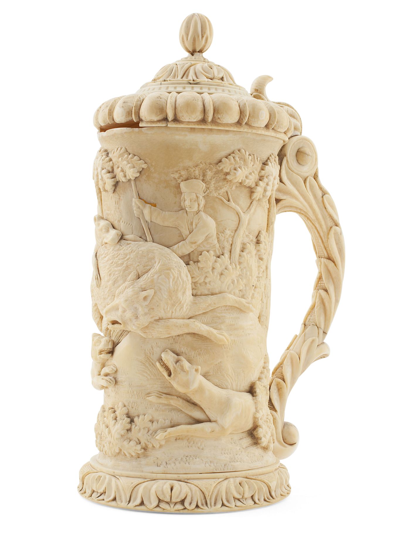 GERMAN CARVED IVORY TANKARD 19TH CENTURY the domed hinged cover carved with acanthus with a bud