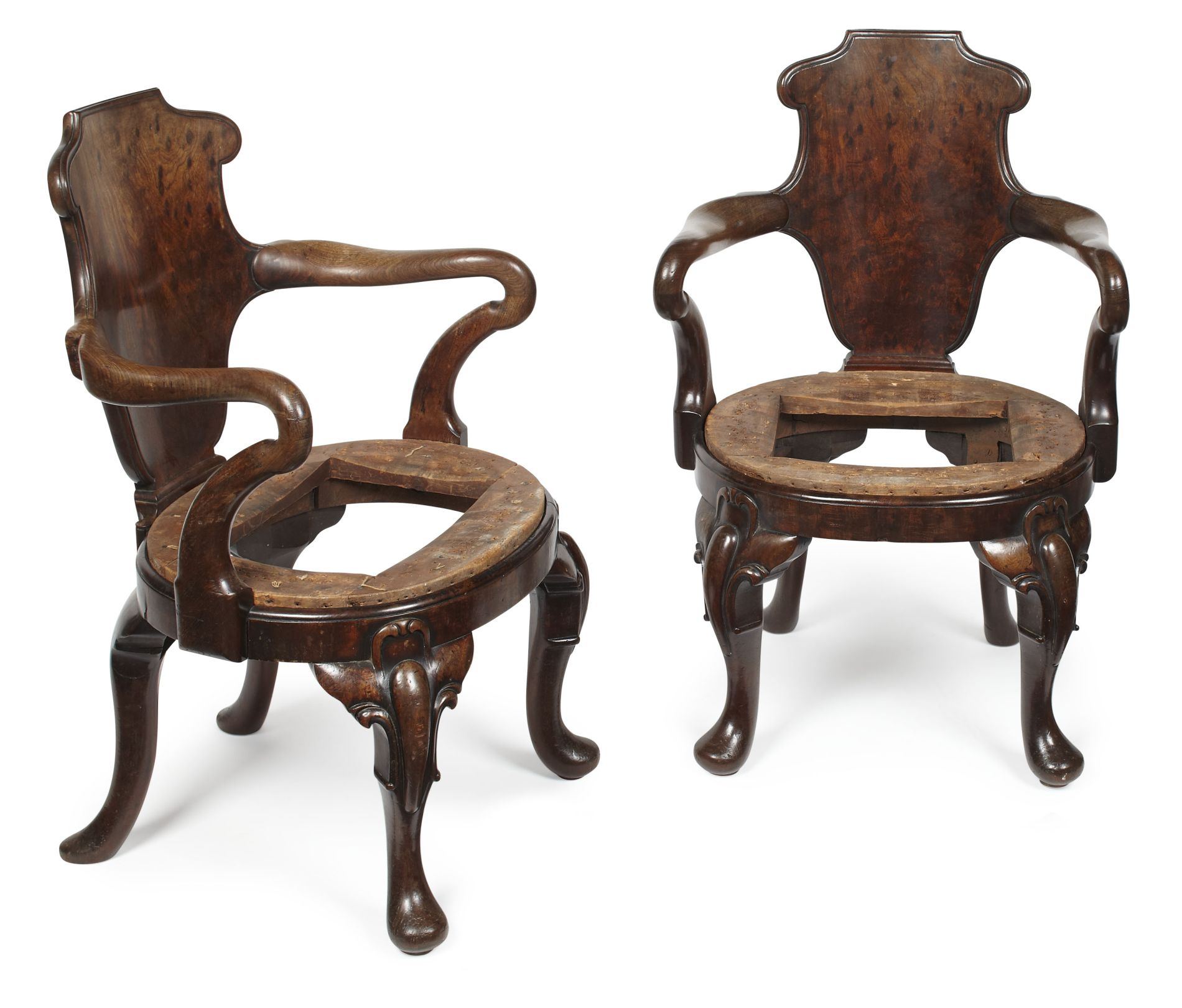 PAIR OF GEORGE II STYLE WALNUT AND PLUM PUDDING MAHOGANY WRITING CHAIRS, POSSIBLY GILLOWS 19TH