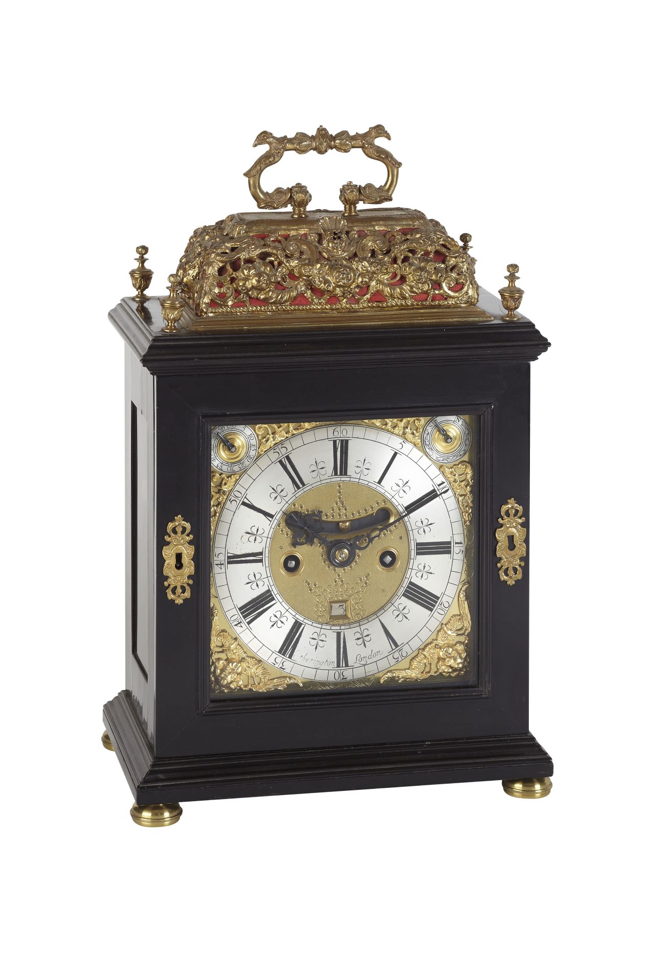 WILLIAM AND MARY EBONISED AND REPOUSSE BRASS MOUNTED BRACKET CLOCK BY GEORGE ETHERINGTON, LONDON