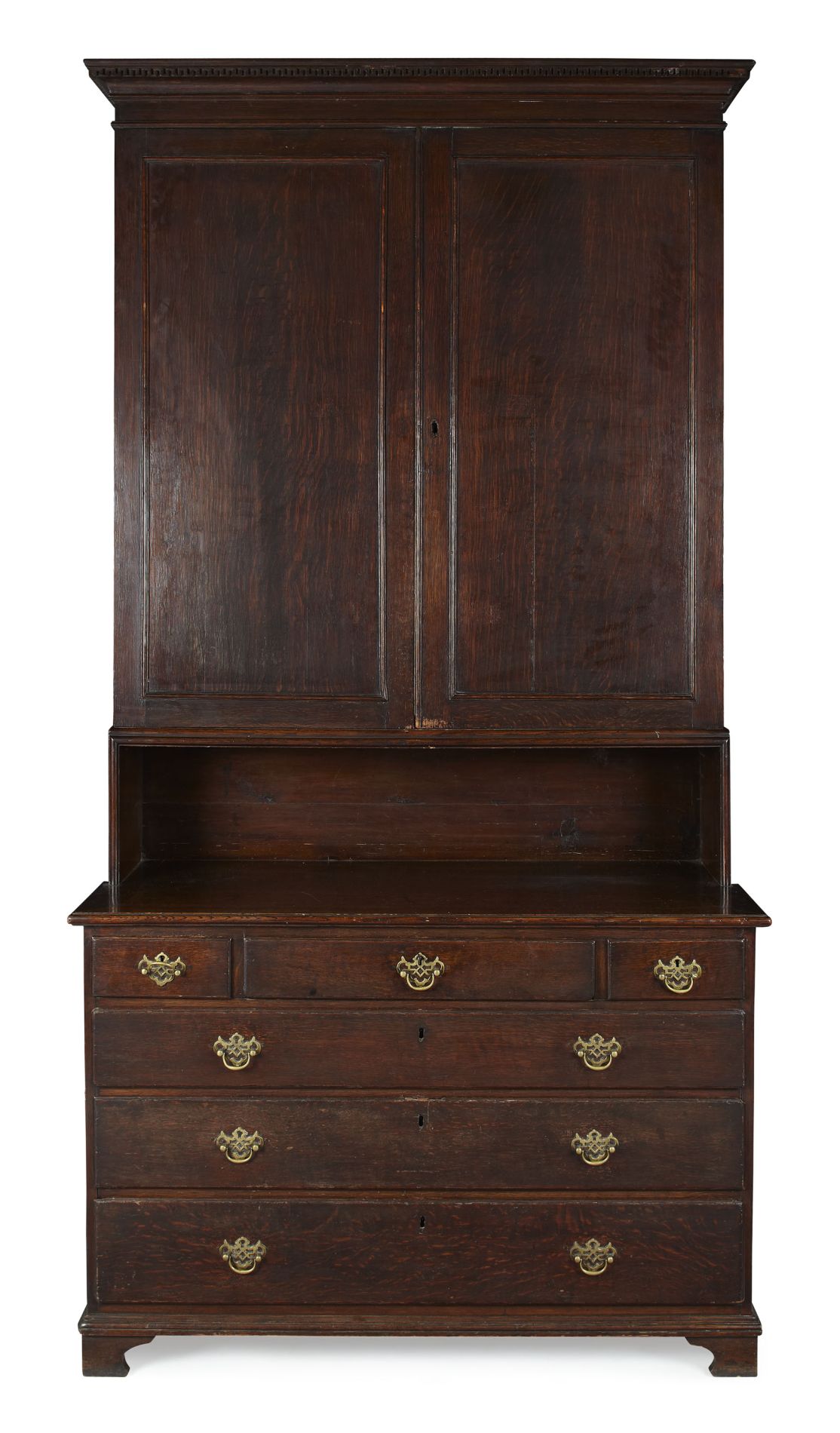 GEORGE III OAK HOUSEKEEPER`S CUPBOARD 18TH CENTURY the Greek key cornice above a pair of panelled