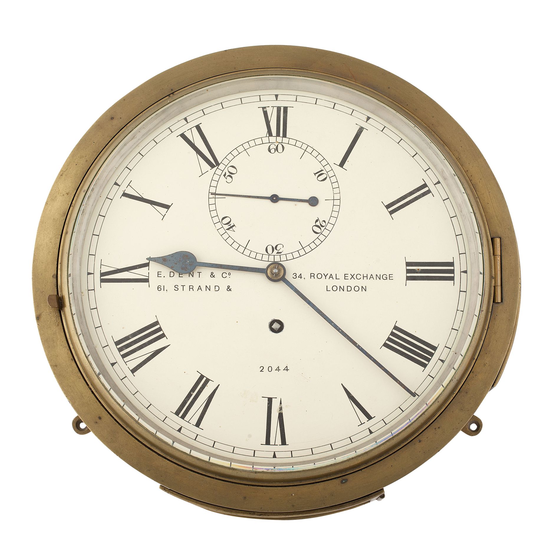 VICTORIAN BRASS WALL CLOCK BY E. DENT & CO 19TH CENTURY the circular white dial inscribed `E. Dent &