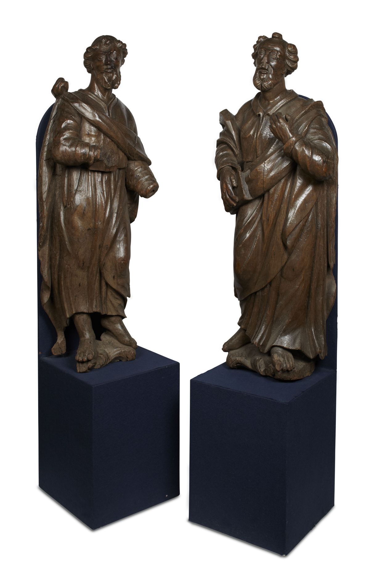 TWO CONTINENTAL LARGE CARVED OAK FIGURES OF SAINTS 17TH CENTURY both bearded male figures wearing