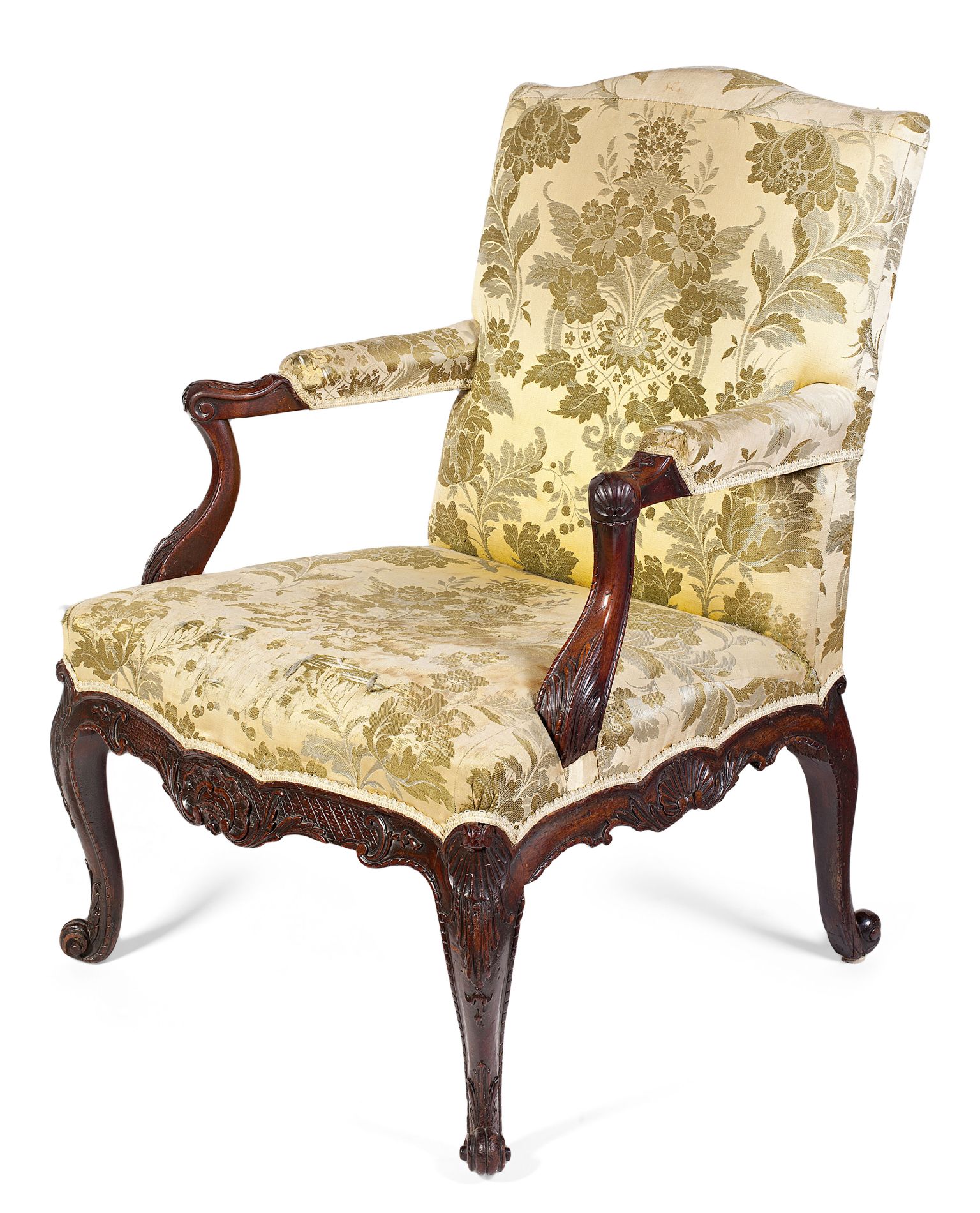 FINE GEORGE II CARVED MAHOGANY LIBRARY ARMCHAIR CIRCA 1755 the arched back and serpentine seat