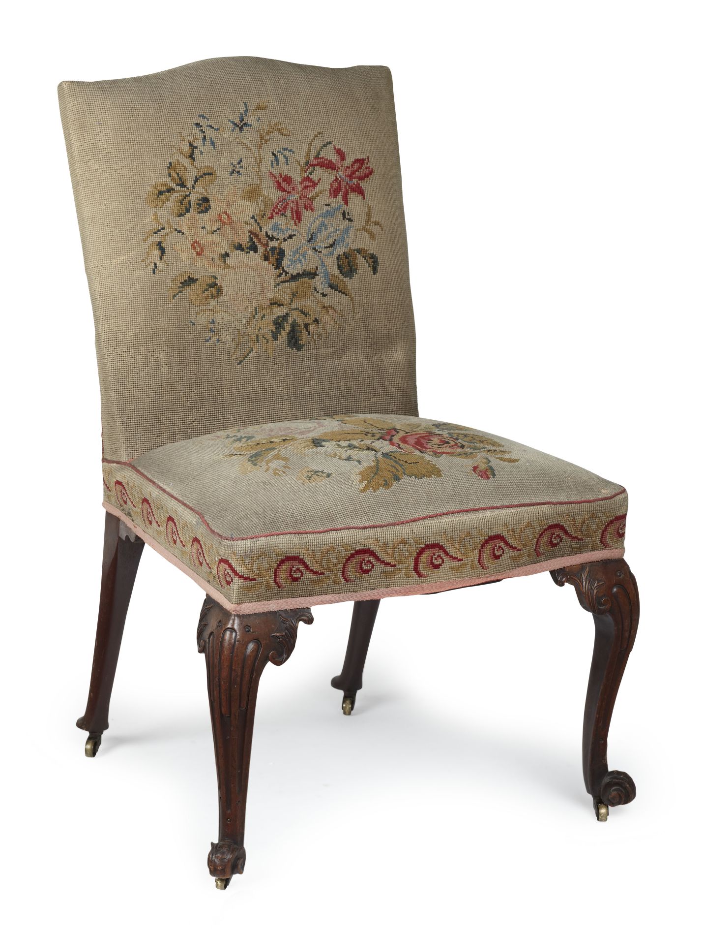 GEORGE II MAHOGANY AND UPHOLSTERED SIDE CHAIR MID 18TH CENTURY the square back and stuffed over seat