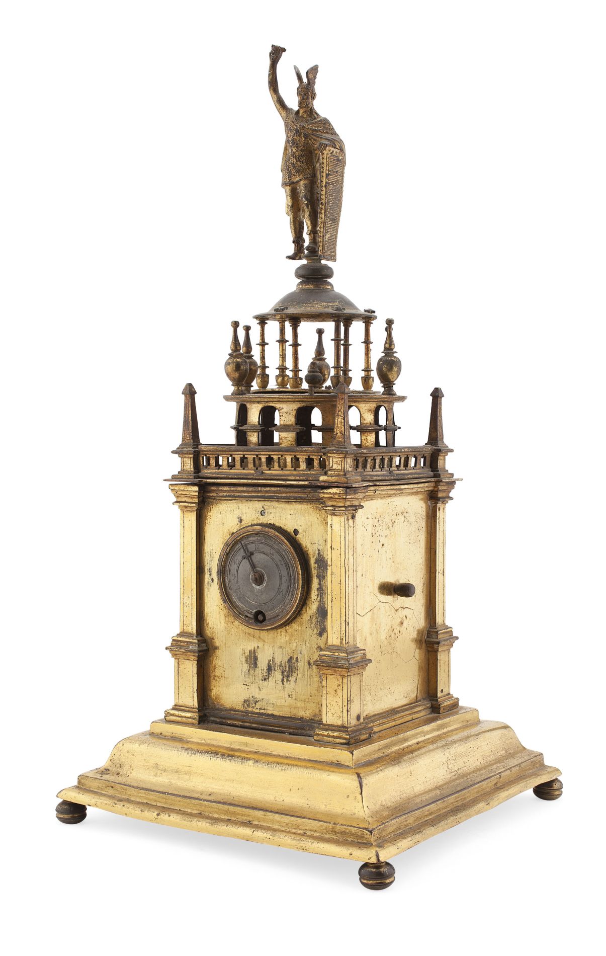 CONTINENTAL LAQUERED BRASS TABERNACLE TABLE CLOCK 19TH CENTURY with associated movement, the