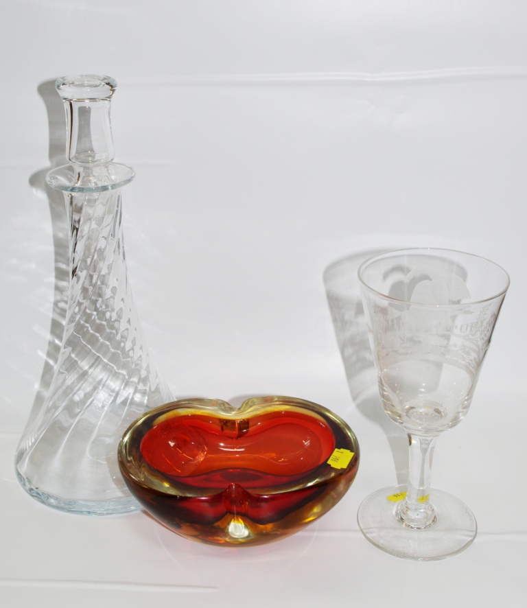 A trumpet shaped glass decanter with fluted body with stopper, together with a Murano style