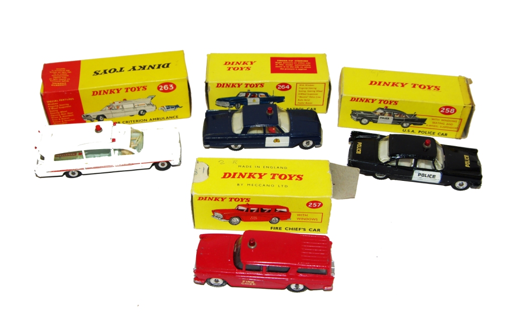 Dinky American emergency cars including 264, 263, 258 and 257 in boxes.
