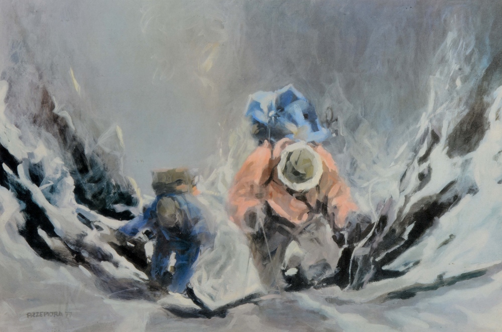 PRZEPIORA (LATE 20TH CENTURY) - Mountaineers Ascending, coloured print, signed in pencil in the