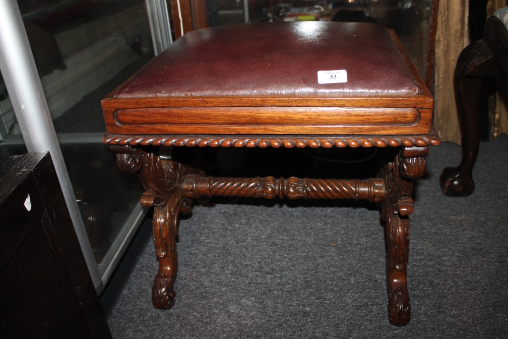 A VICTORIAN ROSEWOOD SQUARE DRESSING STOOL with gadroon border and `X` carved frame, 46cm