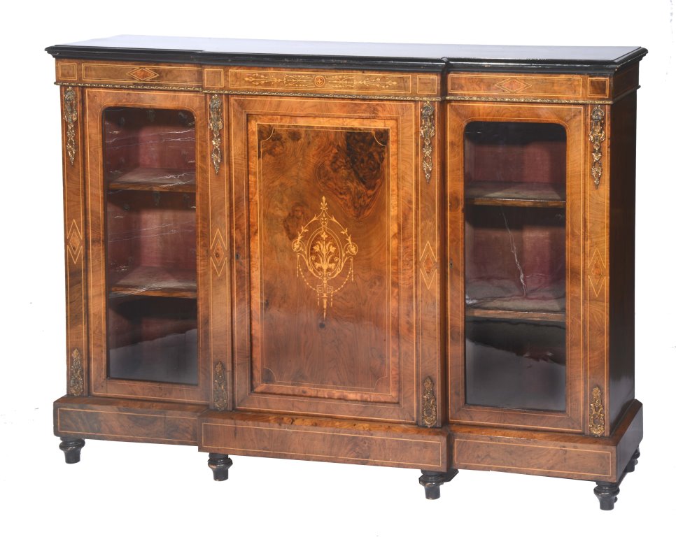 A VICTORIAN WALNUT AND GILT METAL BREAKFRONT SIDE CABINET, the central panel with satinwood inlay