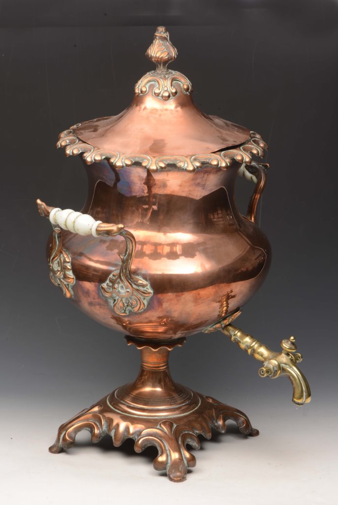 A VICTORIAN COPPER SAMOVAR, a copper warming pan and a brass and iron skimmer