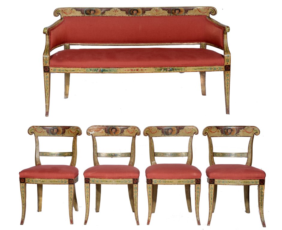 AN ITALIAN PAINTED SUITE, early to mid 19th Century, comprising a sofa, the back having panels