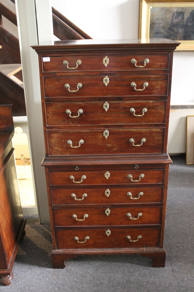 A 19TH CENTURY MAHOGANY SMALL TALLBOY CHEST of eight drawers with brass pear drop handles and