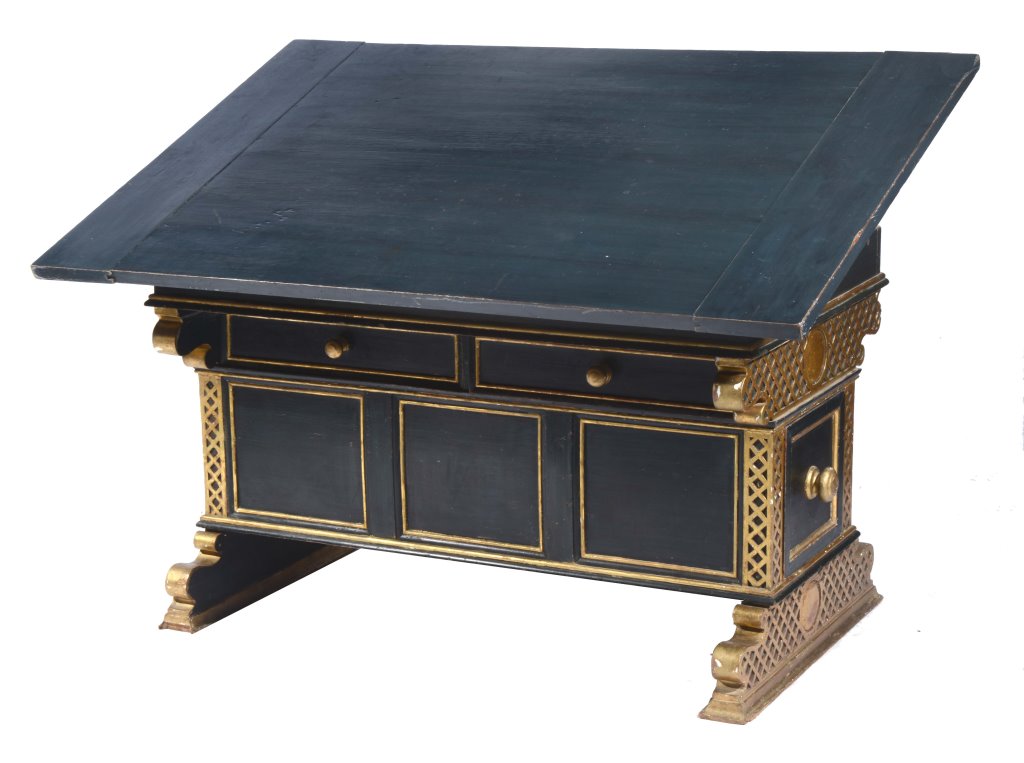A CONTINENTAL POSSIBLY SPANISH PAINTED DRAUGHTSMAN`S DESK with hinged rectangular top, gilt