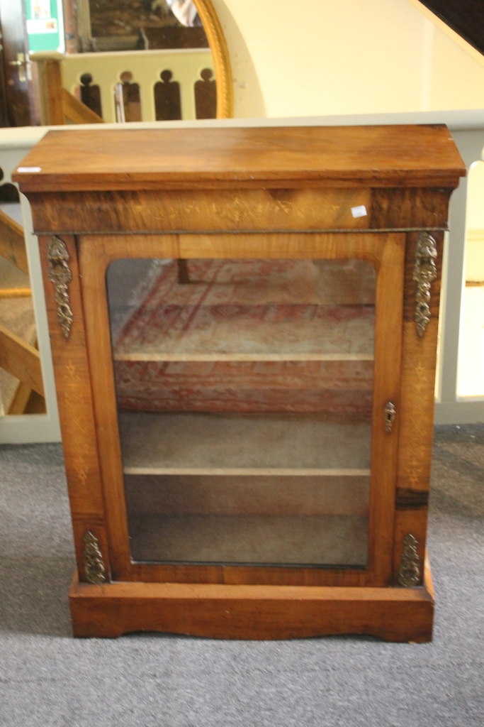 A VICTORIAN WALNUT PIER CABINET with satinwood inlay, interior fitted drawers enclosed by a glazed