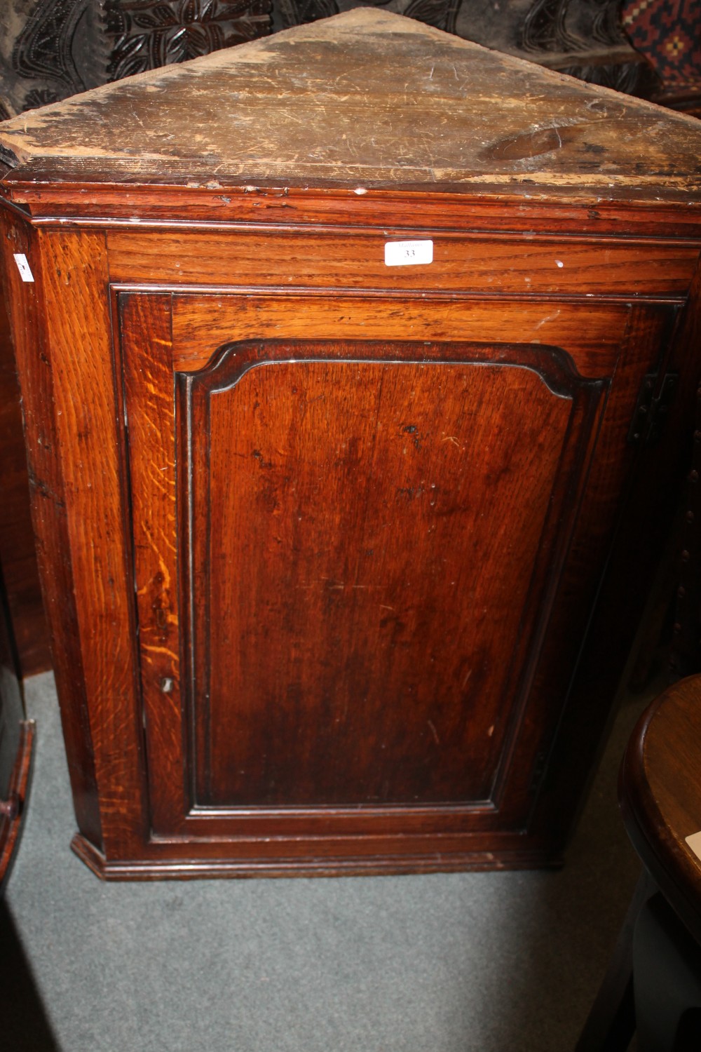 A 19TH CENTURY OAK CORNER CUPBOARD with arch panel door, a Victorian wall cupboard and a glazed