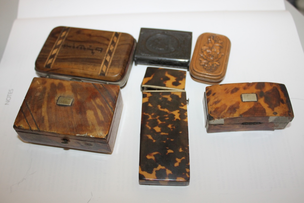 A TORTOISHELL PART ETUI, an olive wood purse, a vesta case with Queen Victoria and other small