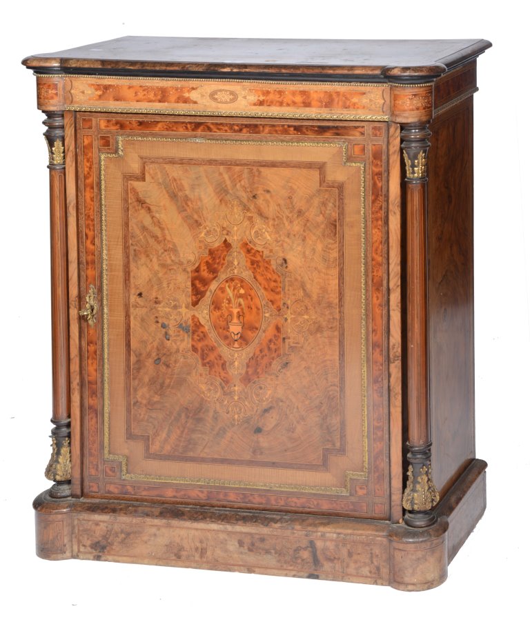 A VICTORIAN WALNUT AND AMBOYNA PIER CABINET with satinwood marquetry inlay, having central panel