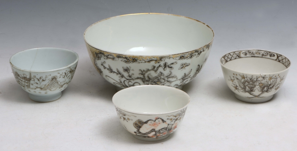 A COLLECTION OF THREE CHINESE MONOCHROME DECORATED TEA BOWLS with European/Jesuit decoration and one