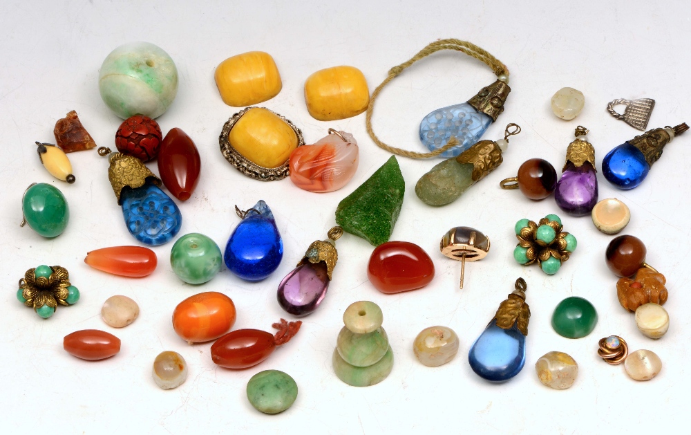 EIGHT CHINESE MANDARIN NECKLACE GLASS PEAR-SHAPED DROPS and various glass and hardstone beads etc.