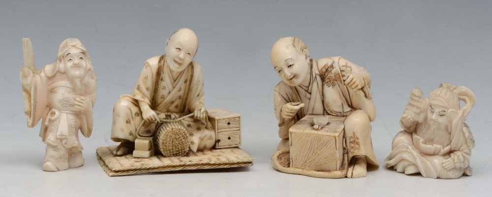 A JAPANESE IVORY OKIMONO, seated Artisan, signed on inset red panels; another of a kneeling