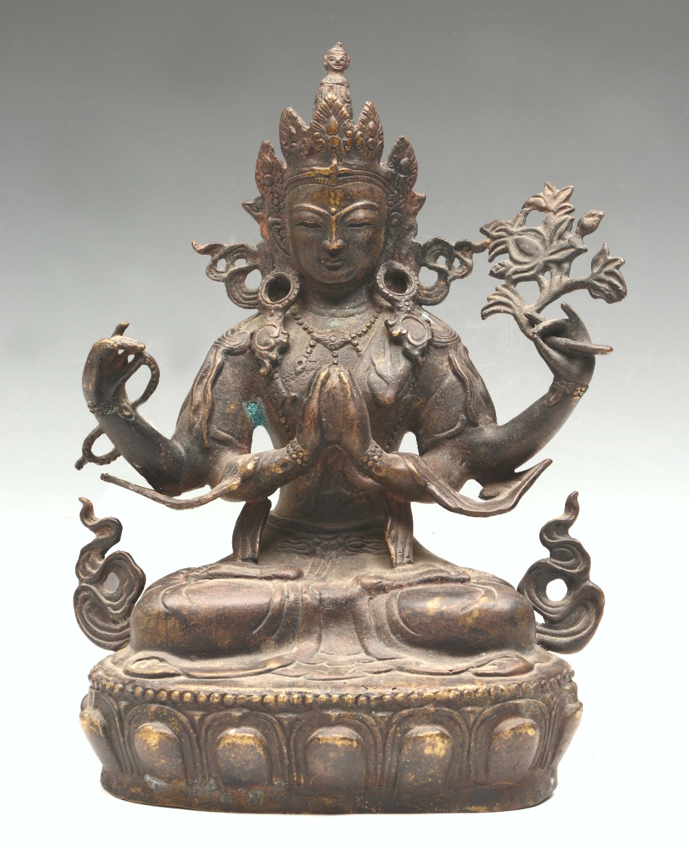 A SINO-TIBETAN BRONZE MODEL OF AMITAYUS seated upon a lotus base, with two hands in namaskara.