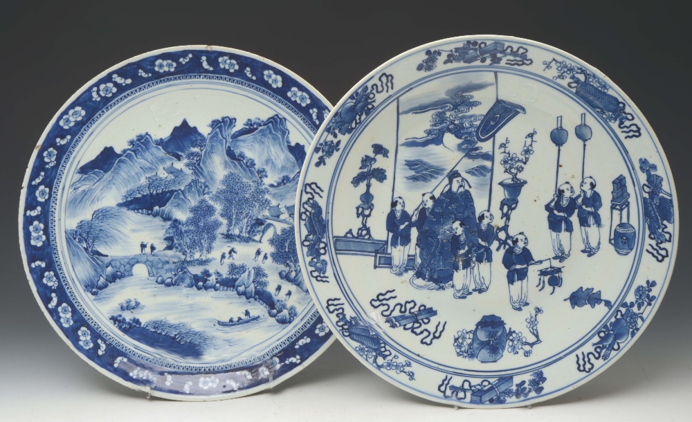 A CHINESE BLUE AND WHITE CHARGER, with Immortal and attendants, 16" (41cm) and another Chinese