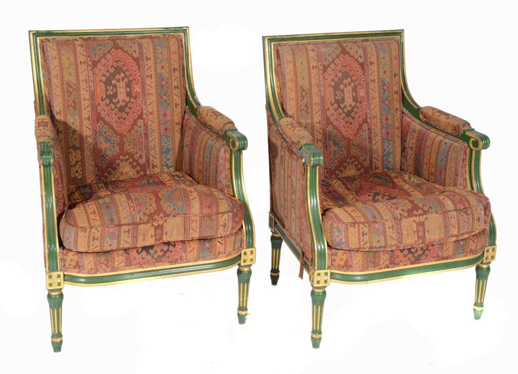 A PAIR OF PAINTED GREEN FRENCH STYLE ARMCHAIRS with gilt decoration and a tapestry type upholstery