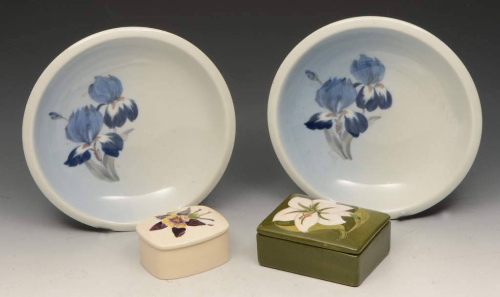 TWO ROYAL COPENHAGEN DISHES with blue floral decoration, together with two Moorcroft ceramic