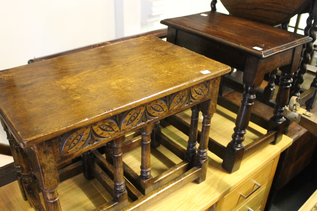 A COLLECTION OF FURNITURE to include a small gateleg table, two Jacobean style oak stools and a