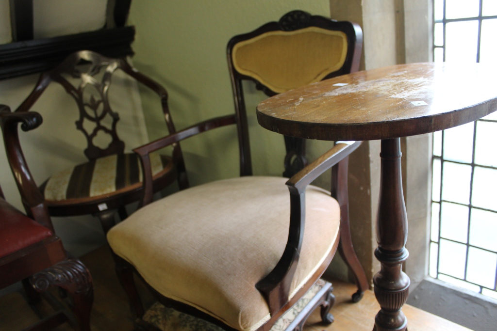 AN EDWARDIAN INLAID CORNER CHAIR, one other Edwardian chair, a tripod table and a carved foot stool